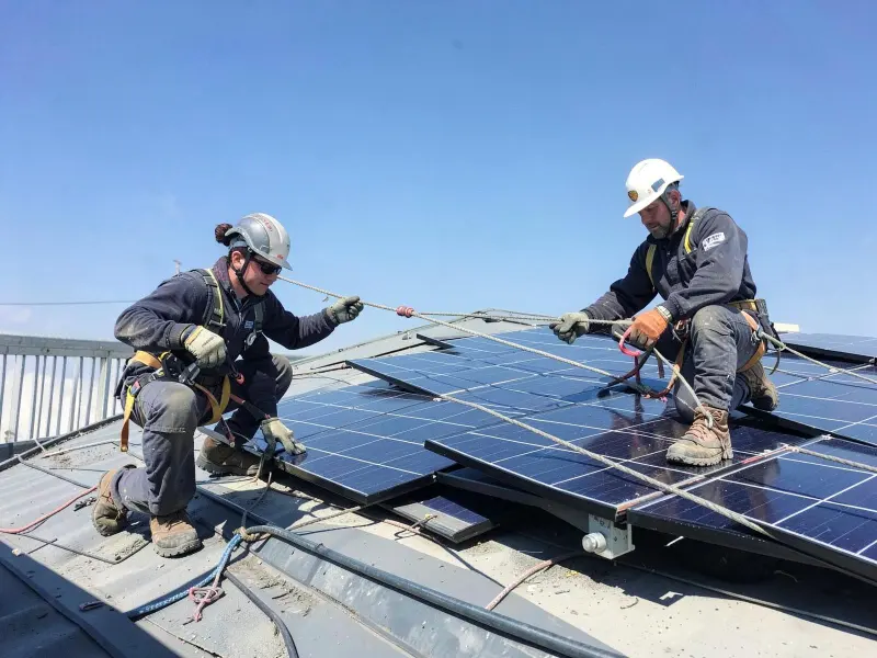 Zwei Monteure befestigen Photovoltaikmodule auf einem Dach, gegen Absturz gesichert