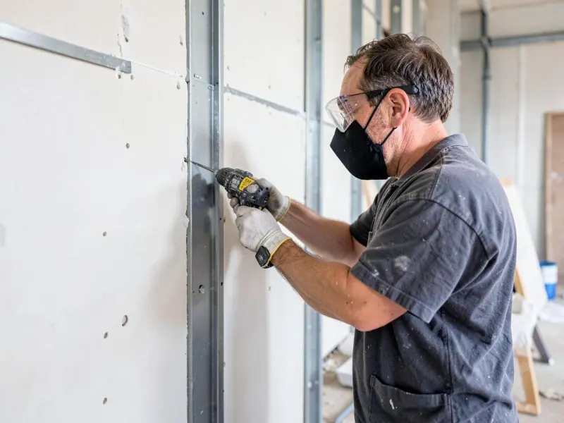 Trockenbauer schraubt Gipskartonplatten auf ein Metallständerwerk